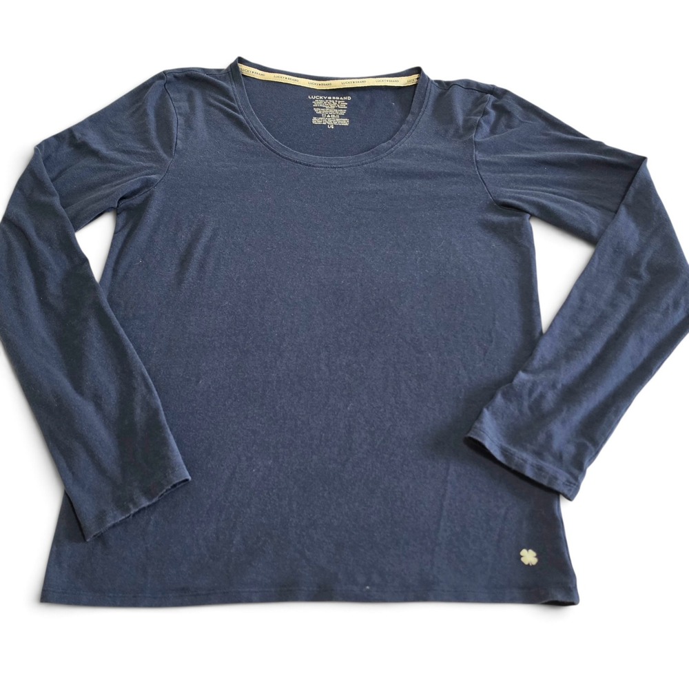 Lucky Brand Long Sleeve Sleep Shirt Women's L Navy Blue Scoop Neck Cotton Modal